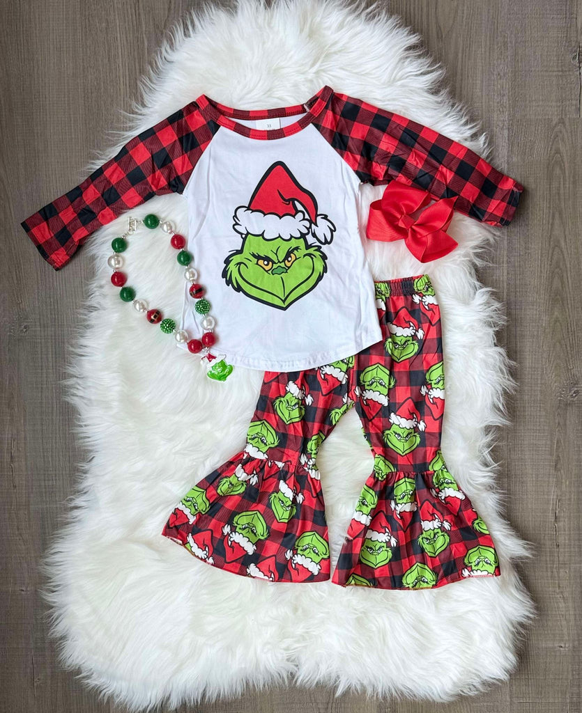 Grinch Faces Plaid Ruffle Set