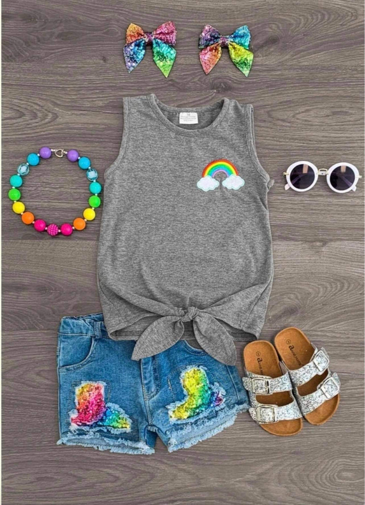 Rainbow Tie Top and Distressed Shorts set