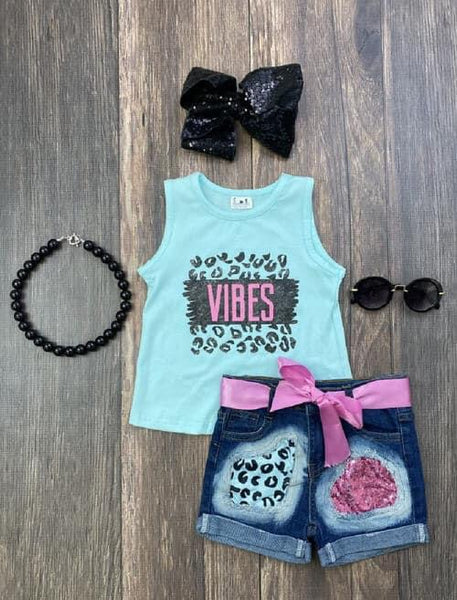 Leopard Turquoise & Pink VIBES Shorts set