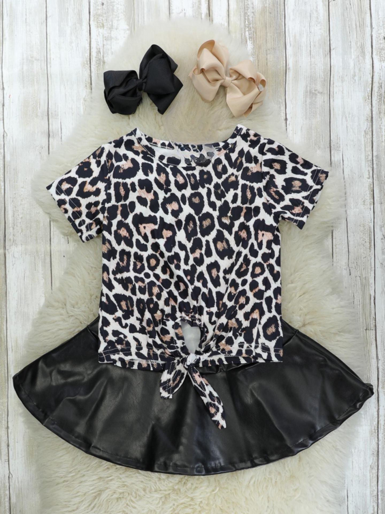 Leopard Tie Top and Leather Skirt set